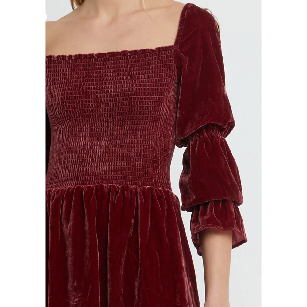 o.p.t. Sz XS Hasher Smocked Velvet Mini Dress Gathered Bell‎ Sleeve Square Neck - Picture 3 of 15